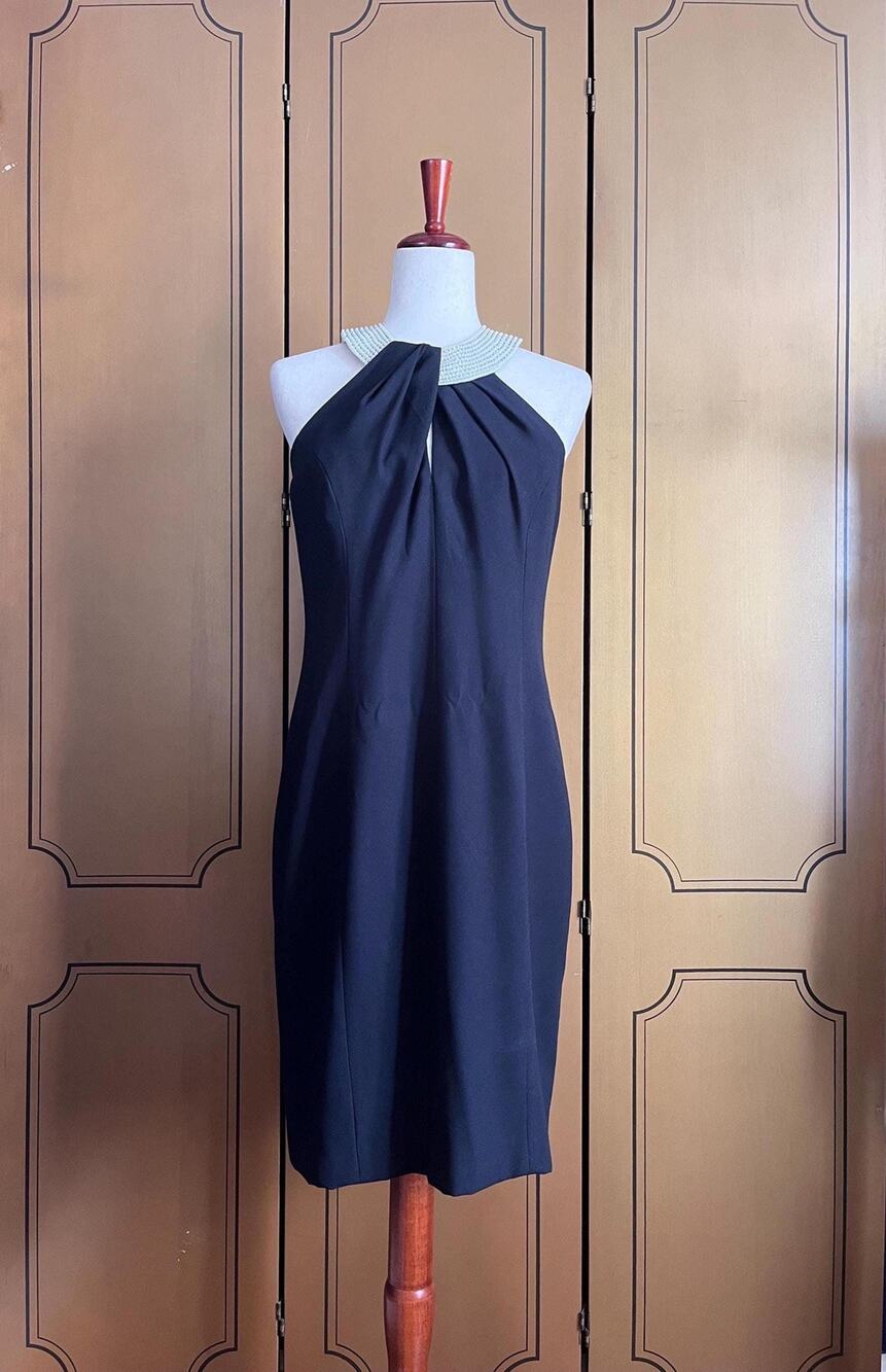 Vintage cocktail dress in black with beaded neckline, size 10